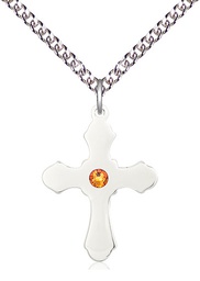 [6036SS1-STN11/24SS] Sterling Silver Cross Pendant with a 3mm Topaz Swarovski stone on a 24 inch Sterling Silver Heavy Curb chain