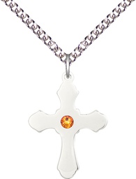 [6036SS1-STN11/24SS] Sterling Silver Cross Pendant with a 3mm Topaz Swarovski stone on a 24 inch Sterling Silver Heavy Curb chain