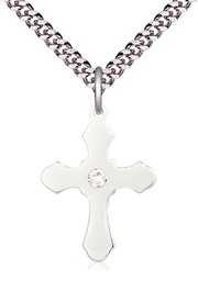 [6036SS1-STN4/24S] Sterling Silver Cross Pendant with a 3mm Crystal Swarovski stone on a 24 inch Light Rhodium Heavy Curb chain