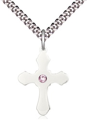 [6036SS1-STN6/24S] Sterling Silver Cross Pendant with a 3mm Light Amethyst Swarovski stone on a 24 inch Light Rhodium Heavy Curb chain