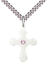 [6036SS1-STN6/24S] Sterling Silver Cross Pendant with a 3mm Light Amethyst Swarovski stone on a 24 inch Light Rhodium Heavy Curb chain