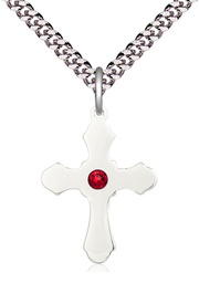 [6036SS1-STN7/24S] Sterling Silver Cross Pendant with a 3mm Ruby Swarovski stone on a 24 inch Light Rhodium Heavy Curb chain