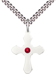 [6036SS1-STN7/24S] Sterling Silver Cross Pendant with a 3mm Ruby Swarovski stone on a 24 inch Light Rhodium Heavy Curb chain