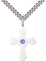 [6036SS1-STN9/24S] Sterling Silver Cross Pendant with a 3mm Sapphire Swarovski stone on a 24 inch Light Rhodium Heavy Curb chain