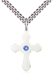 [6036SS1-STN9/24S] Sterling Silver Cross Pendant with a 3mm Sapphire Swarovski stone on a 24 inch Light Rhodium Heavy Curb chain
