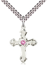 [6036SS2-STN10/24S] Sterling Silver Cross Pendant with a 3mm Rose Swarovski stone on a 24 inch Light Rhodium Heavy Curb chain