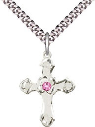 [6036SS2-STN10/24S] Sterling Silver Cross Pendant with a 3mm Rose Swarovski stone on a 24 inch Light Rhodium Heavy Curb chain