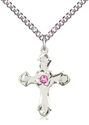 [6036SS2-STN10/24SS] Sterling Silver Cross Pendant with a 3mm Rose Swarovski stone on a 24 inch Sterling Silver Heavy Curb chain