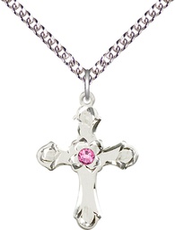 [6036SS2-STN10/24SS] Sterling Silver Cross Pendant with a 3mm Rose Swarovski stone on a 24 inch Sterling Silver Heavy Curb chain