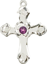 [6036SS2-STN2] Sterling Silver Cross Medal with a 3mm Amethyst Swarovski stone