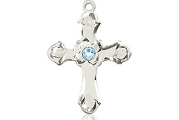 [6036SS2-STN3] Sterling Silver Cross Medal with a 3mm Aqua Swarovski stone