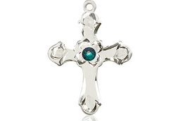 [6036SS2-STN5] Sterling Silver Cross Medal with a 3mm Emerald Swarovski stone