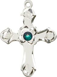 [6036SS2-STN5] Sterling Silver Cross Medal with a 3mm Emerald Swarovski stone