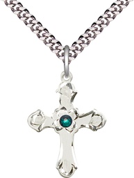 [6036SS2-STN5/24S] Sterling Silver Cross Pendant with a 3mm Emerald Swarovski stone on a 24 inch Light Rhodium Heavy Curb chain