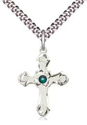 [6036SS2-STN5/24S] Sterling Silver Cross Pendant with a 3mm Emerald Swarovski stone on a 24 inch Light Rhodium Heavy Curb chain