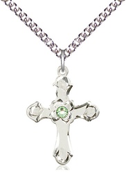[6036SS2-STN8/24SS] Sterling Silver Cross Pendant with a 3mm Peridot Swarovski stone on a 24 inch Sterling Silver Heavy Curb chain