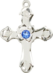 [6036SS2-STN9] Sterling Silver Cross Medal with a 3mm Sapphire Swarovski stone