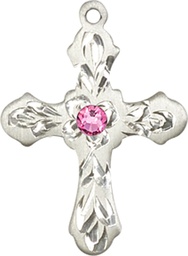 [6036SS3-STN10] Sterling Silver Cross Medal with a 3mm Rose Swarovski stone