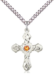 [6036SS3-STN11/24SS] Sterling Silver Cross Pendant with a 3mm Topaz Swarovski stone on a 24 inch Sterling Silver Heavy Curb chain