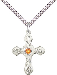 [6036SS3-STN11/24SS] Sterling Silver Cross Pendant with a 3mm Topaz Swarovski stone on a 24 inch Sterling Silver Heavy Curb chain