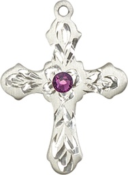 [6036SS3-STN2] Sterling Silver Cross Medal with a 3mm Amethyst Swarovski stone