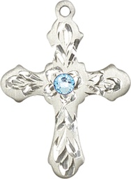 [6036SS3-STN3] Sterling Silver Cross Medal with a 3mm Aqua Swarovski stone