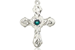 [6036SS3-STN5] Sterling Silver Cross Medal with a 3mm Emerald Swarovski stone