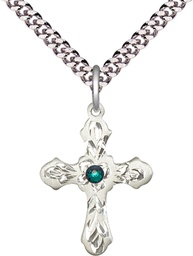 [6036SS3-STN5/24S] Sterling Silver Cross Pendant with a 3mm Emerald Swarovski stone on a 24 inch Light Rhodium Heavy Curb chain