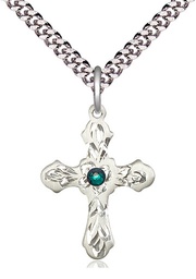 [6036SS3-STN5/24S] Sterling Silver Cross Pendant with a 3mm Emerald Swarovski stone on a 24 inch Light Rhodium Heavy Curb chain