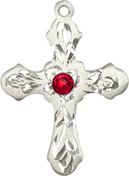 [6036SS3-STN7] Sterling Silver Cross Medal with a 3mm Ruby Swarovski stone