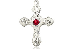 [6036SS3-STN7] Sterling Silver Cross Medal with a 3mm Ruby Swarovski stone