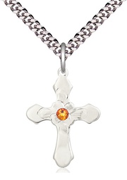 [6036SS4-STN11/24S] Sterling Silver Cross Pendant with a 3mm Topaz Swarovski stone on a 24 inch Light Rhodium Heavy Curb chain