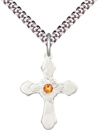 [6036SS4-STN11/24S] Sterling Silver Cross Pendant with a 3mm Topaz Swarovski stone on a 24 inch Light Rhodium Heavy Curb chain