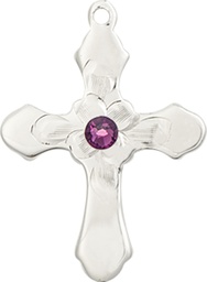 [6036SS4-STN2] Sterling Silver Cross Medal with a 3mm Amethyst Swarovski stone