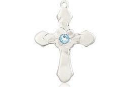 [6036SS4-STN3] Sterling Silver Cross Medal with a 3mm Aqua Swarovski stone