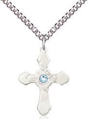 [6036SS4-STN3/24SS] Sterling Silver Cross Pendant with a 3mm Aqua Swarovski stone on a 24 inch Sterling Silver Heavy Curb chain