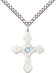 [6036SS4-STN3/24SS] Sterling Silver Cross Pendant with a 3mm Aqua Swarovski stone on a 24 inch Sterling Silver Heavy Curb chain