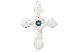 [6036SS4-STN5] Sterling Silver Cross Medal with a 3mm Emerald Swarovski stone