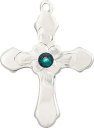 [6036SS4-STN5] Sterling Silver Cross Medal with a 3mm Emerald Swarovski stone