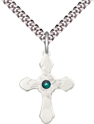 [6036SS4-STN5/24S] Sterling Silver Cross Pendant with a 3mm Emerald Swarovski stone on a 24 inch Light Rhodium Heavy Curb chain