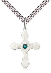 [6036SS4-STN5/24S] Sterling Silver Cross Pendant with a 3mm Emerald Swarovski stone on a 24 inch Light Rhodium Heavy Curb chain