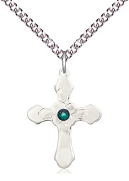 [6036SS4-STN5/24SS] Sterling Silver Cross Pendant with a 3mm Emerald Swarovski stone on a 24 inch Sterling Silver Heavy Curb chain