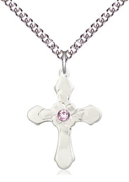 [6036SS4-STN6/24SS] Sterling Silver Cross Pendant with a 3mm Light Amethyst Swarovski stone on a 24 inch Sterling Silver Heavy Curb chain