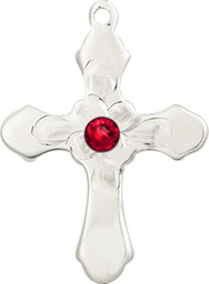 [6036SS4-STN7] Sterling Silver Cross Medal with a 3mm Ruby Swarovski stone