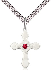 [6036SS4-STN7/24S] Sterling Silver Cross Pendant with a 3mm Ruby Swarovski stone on a 24 inch Light Rhodium Heavy Curb chain