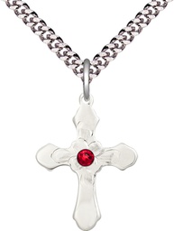 [6036SS4-STN7/24S] Sterling Silver Cross Pendant with a 3mm Ruby Swarovski stone on a 24 inch Light Rhodium Heavy Curb chain