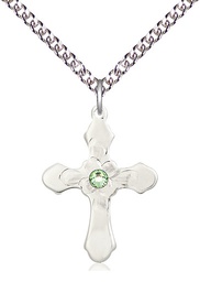 [6036SS4-STN8/24SS] Sterling Silver Cross Pendant with a 3mm Peridot Swarovski stone on a 24 inch Sterling Silver Heavy Curb chain