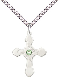 [6036SS4-STN8/24SS] Sterling Silver Cross Pendant with a 3mm Peridot Swarovski stone on a 24 inch Sterling Silver Heavy Curb chain