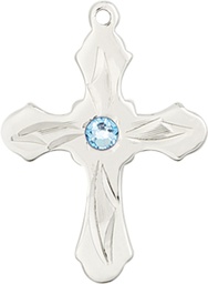 [6036SS5-STN3] Sterling Silver Cross Medal with a 3mm Aqua Swarovski stone