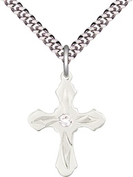 [6036SS5-STN4/24S] Sterling Silver Cross Pendant with a 3mm Crystal Swarovski stone on a 24 inch Light Rhodium Heavy Curb chain